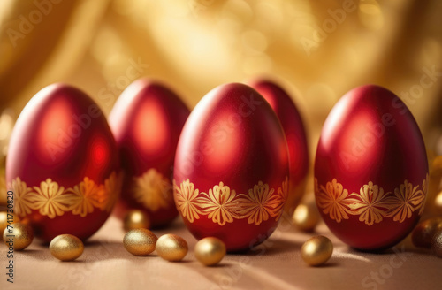 Luxurious red Easter eggs decorated with gold carved floral ornaments with glitter. Background light bokeh. Easter holiday, holiday marketing, greeting card, greetings, Christian traditions