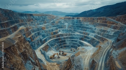 Magnificent Scenes of Open-Pit Mining, Showcasing Herculean Excavators and Sprawling Landscapes. photo