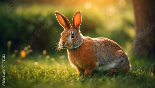 Rabbit in a meadow with blurred green background in forest. 