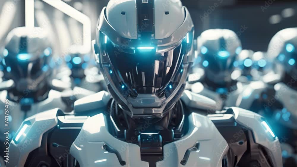 Combat robot in military metal armor. Futuristic cyborg security guard ...