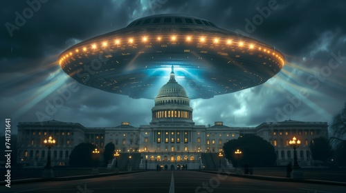 Massive UFO Hovering Over the U.S. Capitol Building at Night with Dramatic Lighting