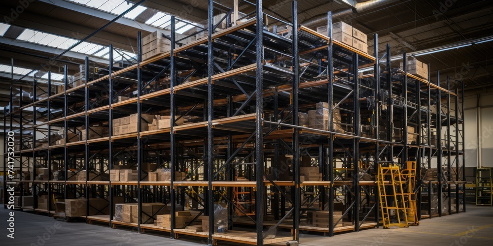 Modern warehouse with shelving. Distribution center. 