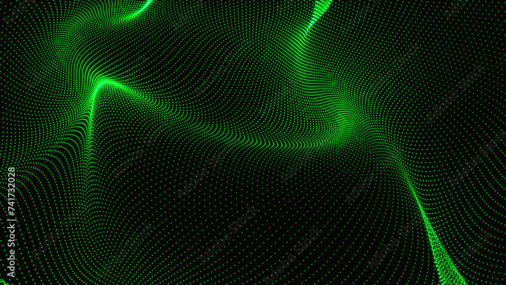 Abstract technology background Flowing green  dots particles wave pattern halftone gradient curve shape isolated on black background. Vector in concept of technology, science, music, modern.