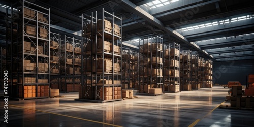 Modern warehouse with shelving. Distribution center. Generative AI