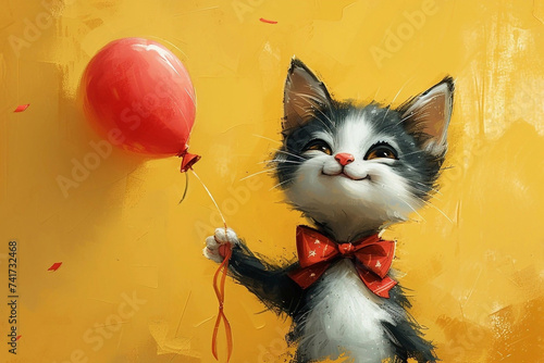 Сheerful smiling kitten with red ballon in children's cartoon style on yellow background.