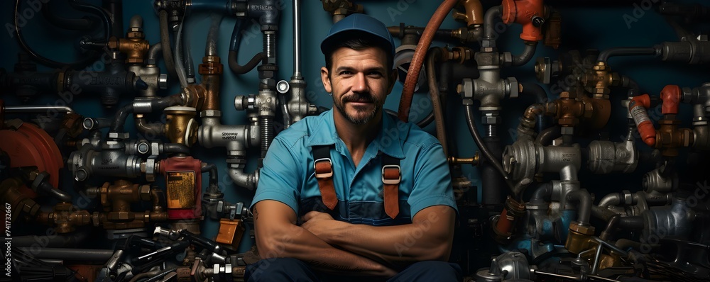 Confident plumber in action resolving complex challenges at a bustling plumbing company. Concept Plumber Skills, Complex Challenges, Plumbing Company, Confidence in Action, Professional Solutions