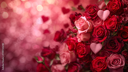Fototapeta Naklejka Na Ścianę i Meble -  Luxurious bouquet of red and pink roses with heart shapes perfect for romantic occasions and Valentine's Day celebrations.