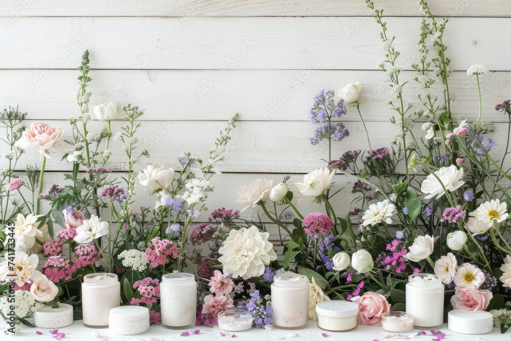 An array of organic skin creams set against a natural wooden background with fresh flowers