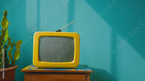 Old yellow TV on wooden table in front of bright blue background