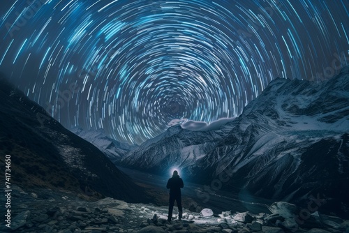 Time-lapse photography, large area circular star trail at dark night with stones on the ground and high mountains