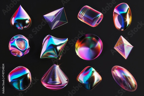 Set of holographic liquid metal shapes isolated on a black background