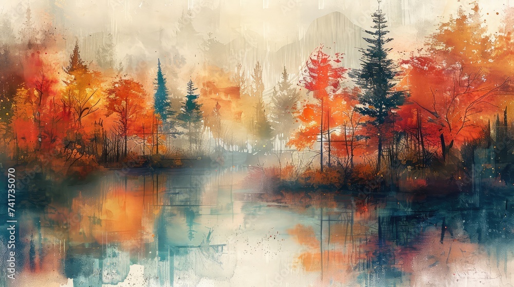 Tranquil Forest Lake: Watercolor Painting of a Serene Woodland Scene.
