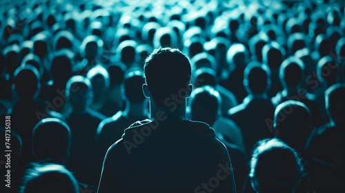 Man Standing Alone Facing a Crowd in Blue Monochromatic Light