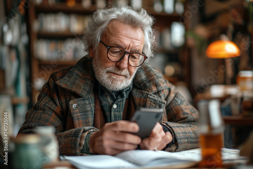 Senior man using smart phone while sitting with diary and medicines on table at home