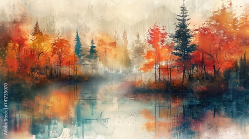 Tranquil Forest Lake: Watercolor Painting of a Serene Woodland Scene.