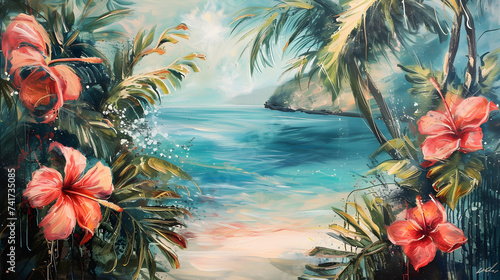 Vibrant Tropical Beach Scene Painting with Hibiscus Flowers and Palm Trees © HappyKris
