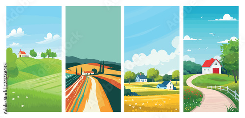 Colorful seasons landscape illustrations with houses and fields photo
