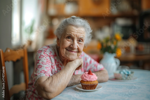 Senior woman with cupcake sitting at dining table