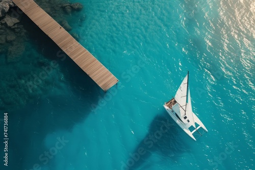 A ship at sail, modern white sailboat. Bright blue tropical ocean.