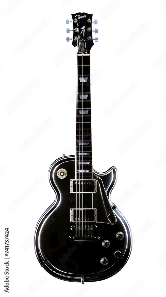 Obraz premium A sleek black electric guitar with a glossy finish, isolated