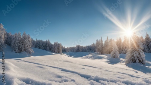 winter landscape with snow covered trees, winter space of snow with blue sky and sun rays.   a photo  a cold and bright mood   © Jared