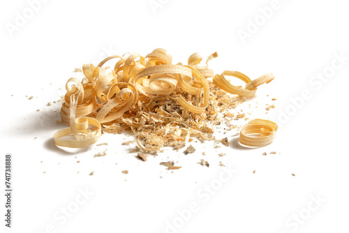Wooden chips, sawdust on white background