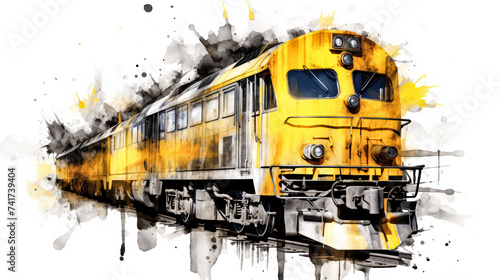A charming watercolor sketch of a train with yellow gray lines
