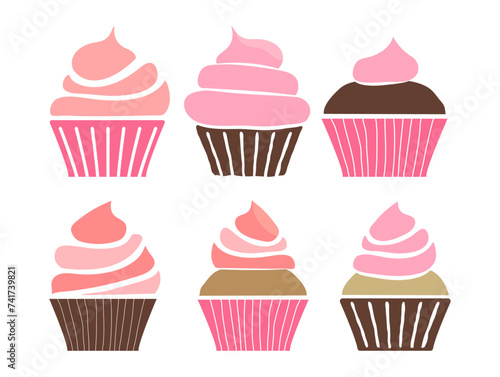 Pink Cupcake Illustration Set or Muffin Icon for Bakery