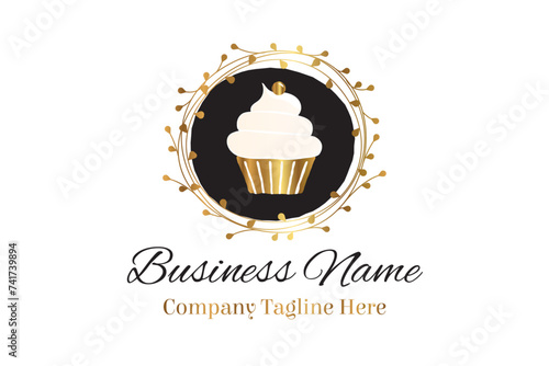 Black and Gold Round Cupcake Logo or Muffin Icon for Bakery