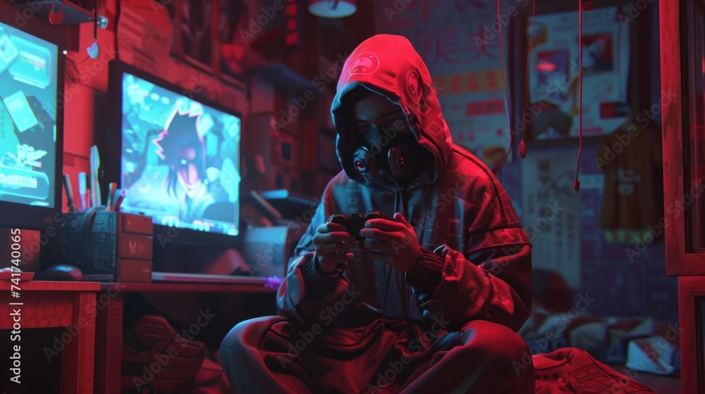 A 3D render depicting a ninja immersed in playing a video game