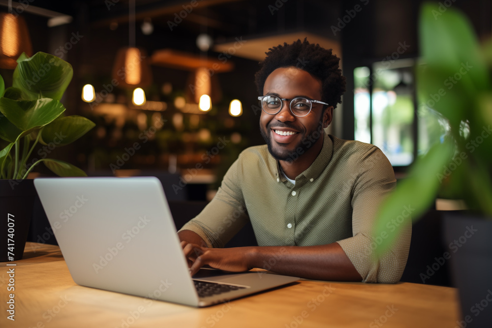 Happy black entrepreneur having online business meeting in office. Coworking, freelancing. Happy black entrepreneur having online business meeting in office. Coworking, freelancing.