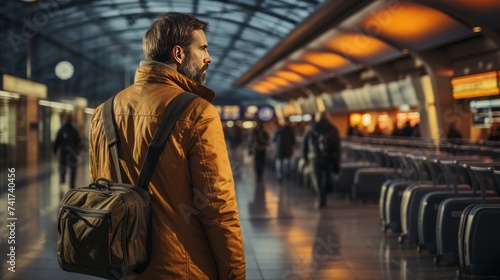 Back view of a man in a yellow jacket and with a backpack waiting for his flight.