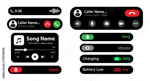 Dynamic island interface design elements vector image modern design in dark mode with music, call, ring, silent, vibrate mode, video call and battery percentage components - Vector Icon