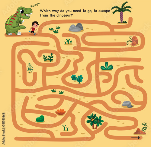 Maze puzzle game for children with cute cartoon prehistoric dinosaur and little boy. Vector illustration.
