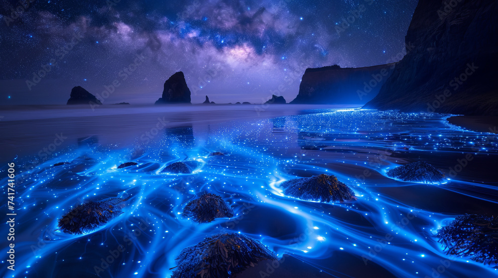 jagged seastacks of the Oregon coast at night with stars, bioluminescence in the water shoreline,generative ai