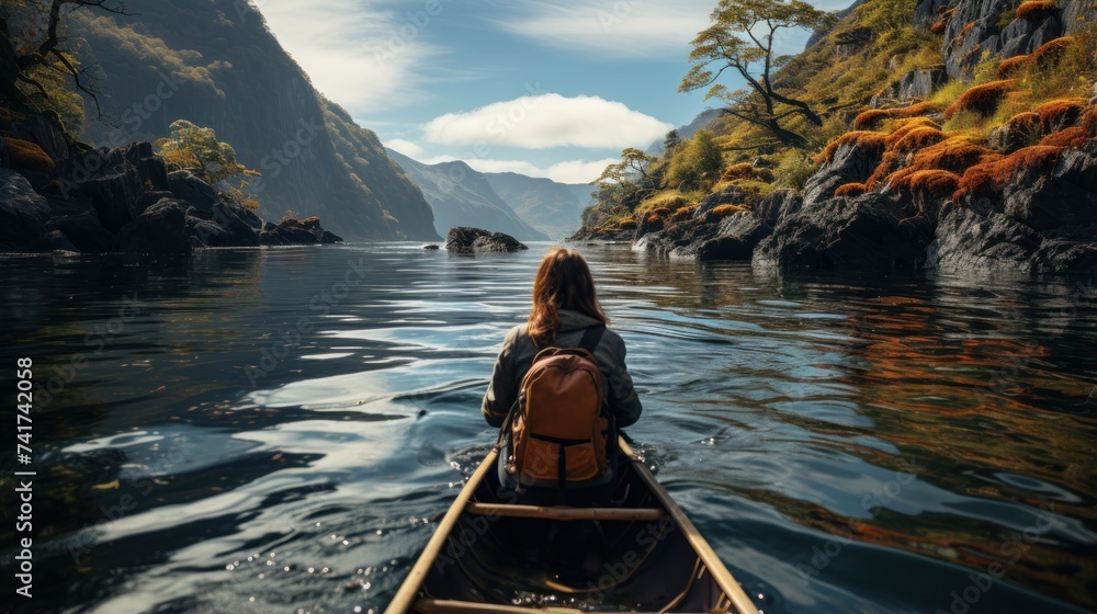 Fototapeta premium Woman paddling a kayak on a beautiful lake surrounded by mountains