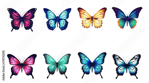 Collection of multicolored butterflies isolated on transparent background.
