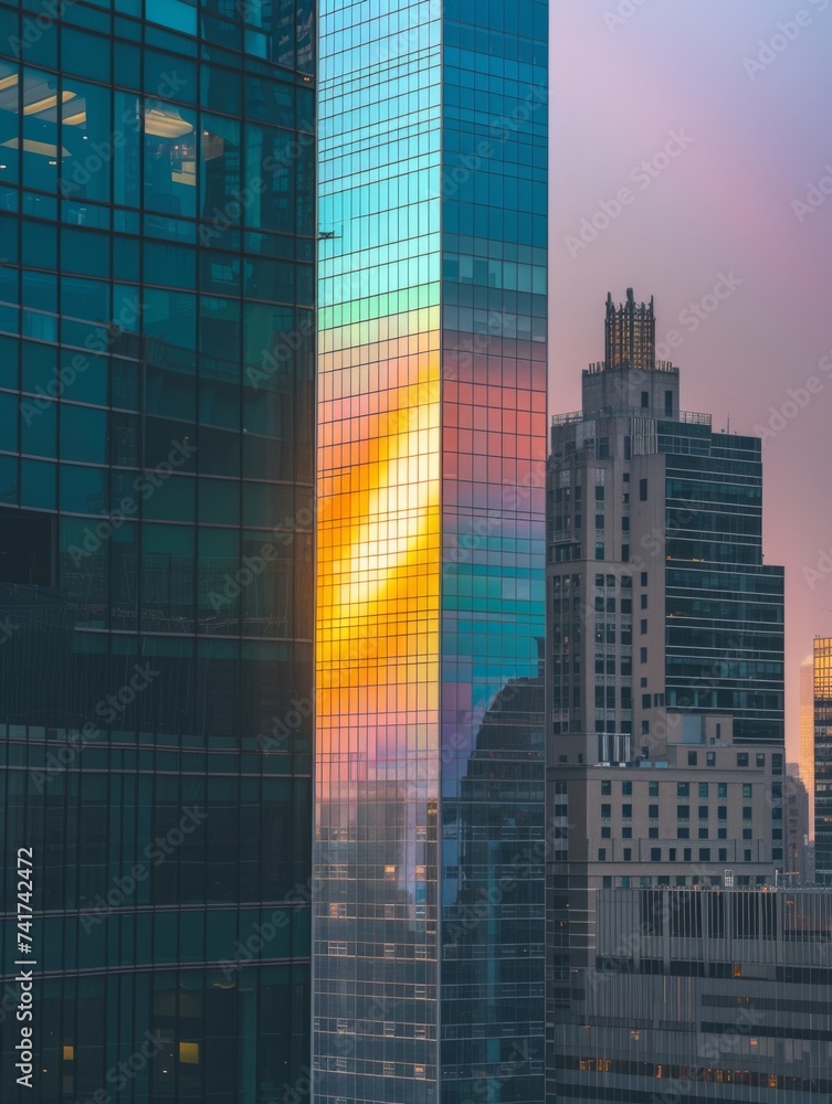 Modern skyscraper reflecting a vibrant rainbow, symbolizing hope and diversity in urban life