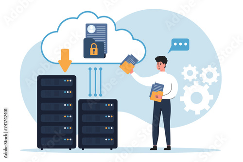 Cloud computing isolated. Secure connection, storage and cloud technology.Data transfer folders with documents, data storage, brainstorming, teamwork Vector illustration. 