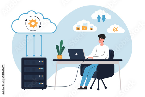 Cloud computing isolated. Secure connection, storage and cloud technology.Data transfer folders with documents, data storage, brainstorming, teamwork Vector illustration. 