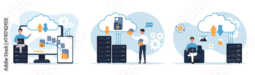 Cloud computing isolated set. Secure connection, storage and cloud technology.Data transfer folders with documents, data storage, brainstorming, teamwork Vector illustration.  photo
