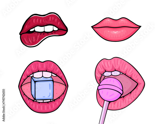 lips set, sexy woman s lips with candy, ice cube, smile, biting lips. Vector Illustration for backgrounds and packaging. Image can be used for card, poster and sticker. Isolated on white background.