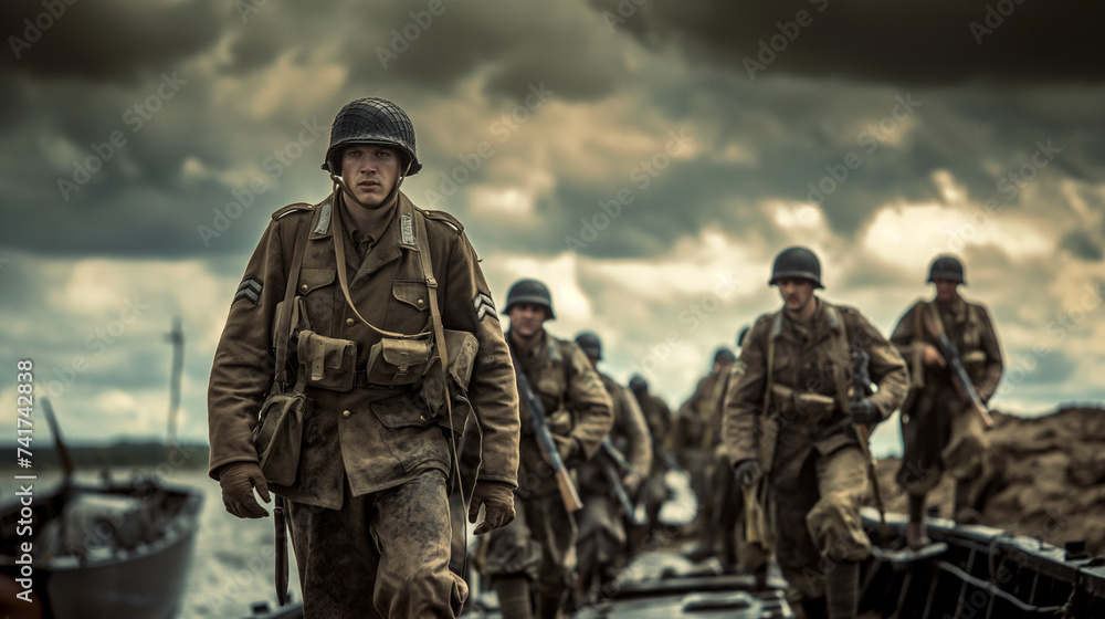 Reenactors dressed as WWII soldiers on D-Day, authentic uniforms and equipment, capturing the historical significance and educating future generations