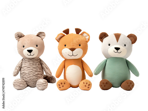 Set of 3 stuffed animal toys isolated on white or transparent background