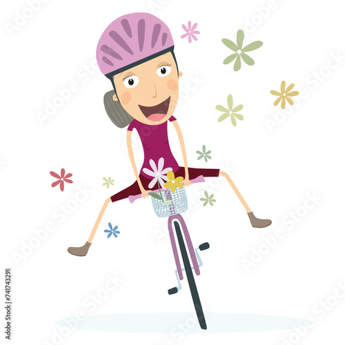 Senior woman riding a bicycle in spring. Vector Illustration.