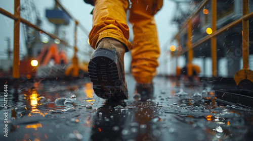 Close-up of an Offshore oil rig worker walking to an oil and gas facility to work in the process,generative ai photo