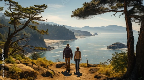 Couple standing on the edge of a cliff and looking at the sea