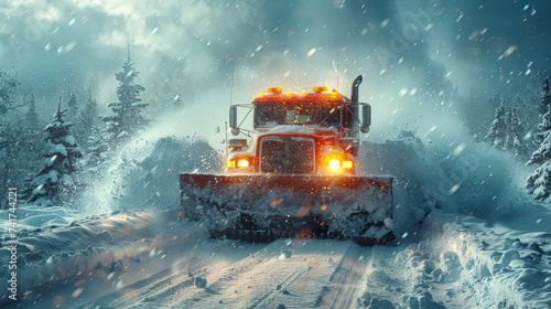 A formidable snowplow truck head-on, its lights piercing through a blizzard as it pushes snow off a residential road ,generative ai photo