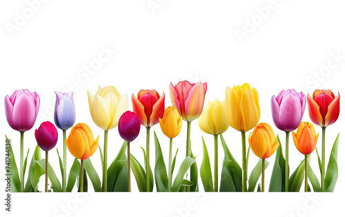 Row of colourful tulips isolated on white or transparent background