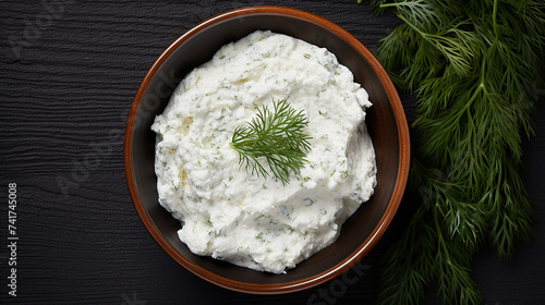 Cottage cheese in a bowl on with dill wooden background with copy space